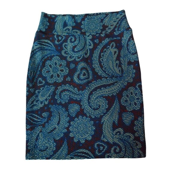 LuLaRoe Cassie Womens Skirt L Blue Paisley Floral Cross Stitch Print Spring Casu - Picture 1 of 6